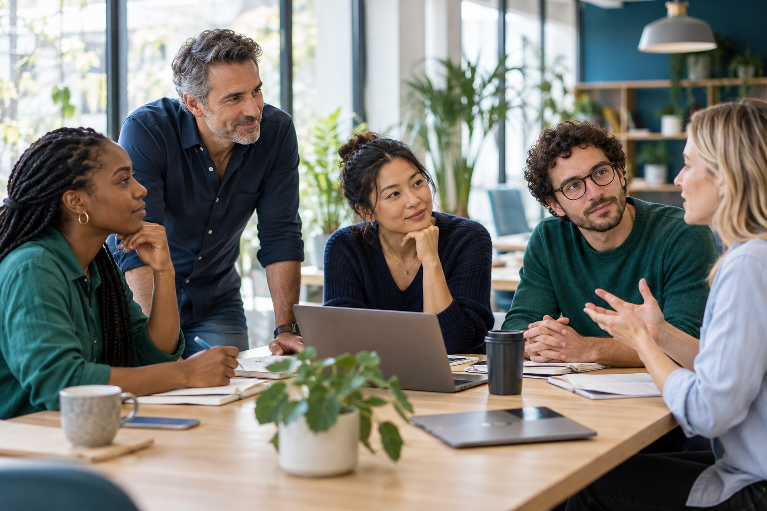 Illustrative scene of colleagues listening and sharing perspectives around a worktable